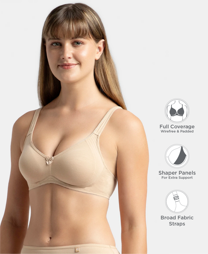 Wirefree Non Padded Plus Size Super Combed Cotton Elastane Stretch Full Coverage Everyday Bra with Contoured Shaper Panel and Adjustable Straps - Skin