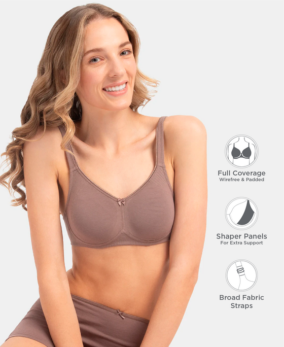 Wirefree Non Padded Super Combed Cotton Elastane Stretch Full Coverage Everyday Bra with Contoured Shaper Panel and Adjustable Straps - Deep Taupe