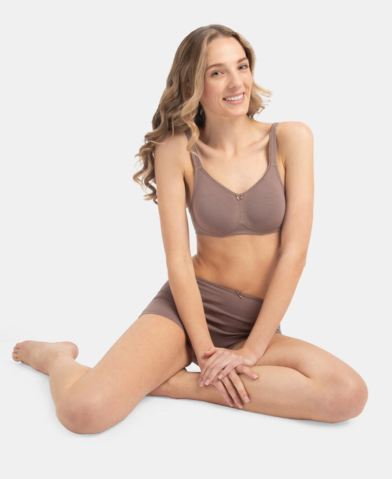 Wirefree Non Padded Super Combed Cotton Elastane Stretch Full Coverage Everyday Bra with Contoured Shaper Panel and Adjustable Straps - Deep Taupe