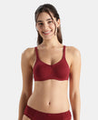 Wirefree Non Padded Super Combed Cotton Elastane Stretch Full Coverage Everyday Bra with Contoured Shaper Panel and Adjustable Straps - Pomegranate
