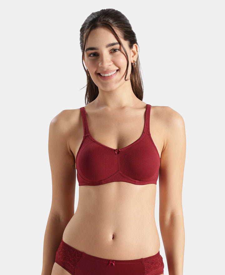 Wirefree Non Padded Super Combed Cotton Elastane Stretch Full Coverage Everyday Bra with Contoured Shaper Panel and Adjustable Straps - Pomegranate