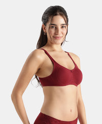 Wirefree Non Padded Super Combed Cotton Elastane Stretch Full Coverage Everyday Bra with Contoured Shaper Panel and Adjustable Straps - Pomegranate
