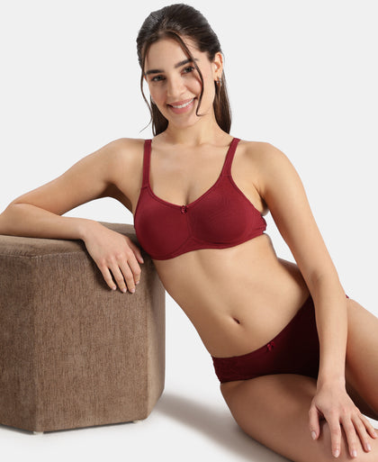 Wirefree Non Padded Plus Size Super Combed Cotton Elastane Stretch Full Coverage Everyday Bra with Contoured Shaper Panel and Adjustable Straps - Pomegranate