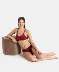 Wirefree Non Padded Super Combed Cotton Elastane Stretch Full Coverage Everyday Bra with Contoured Shaper Panel and Adjustable Straps - Pomegranate