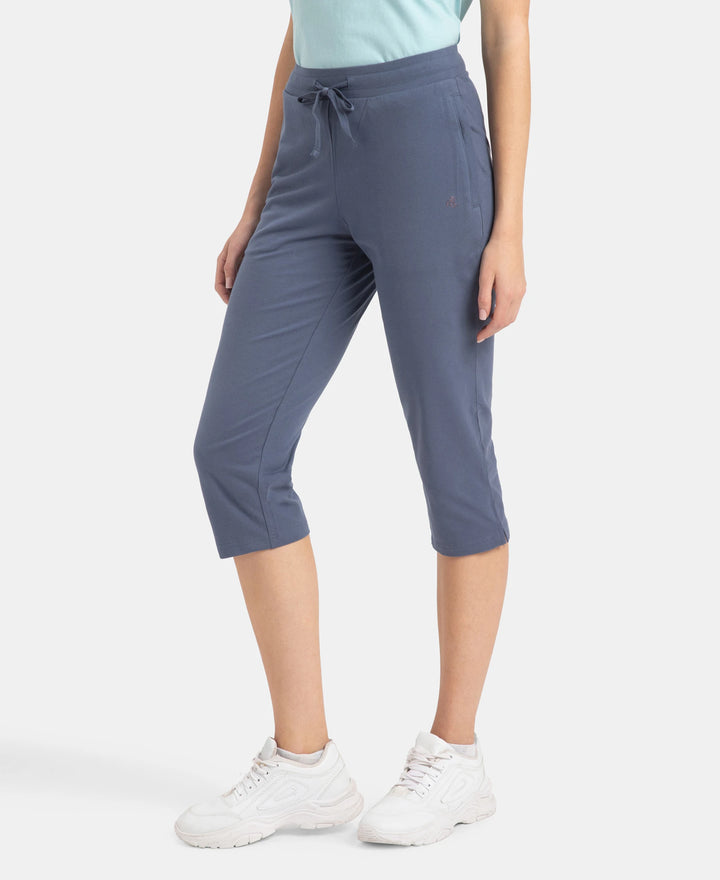 Super Combed Cotton Elastane Stretch Slim Fit Capri with Side Pockets - Mirage Blue