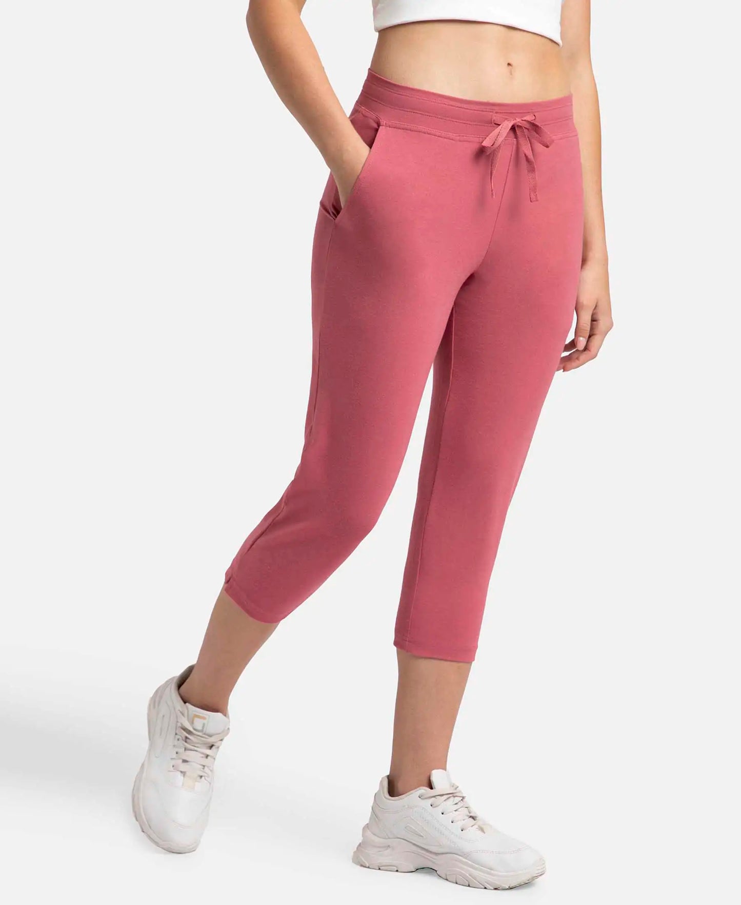 Super Combed Cotton Elastane Stretch Slim Fit Printed Capri with Side Pockets - Rose Wine-2