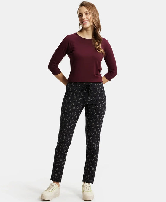 Super Combed Cotton Elastane Stretch Slim Fit Trackpants With Side Pockets - Black Printed