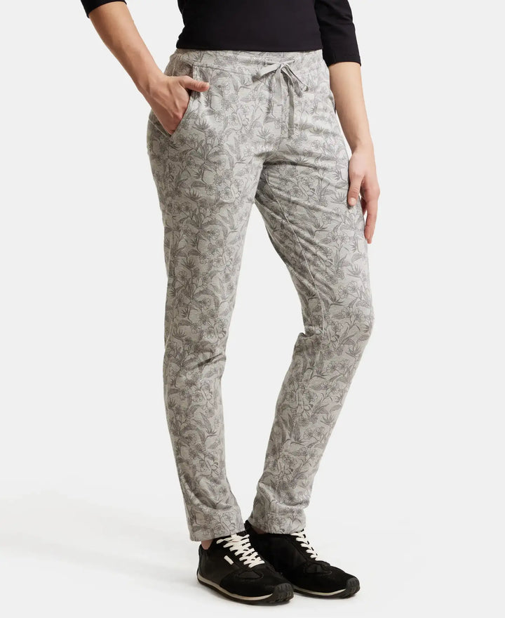 Super Combed Cotton Elastane Stretch Slim Fit Trackpants With Side Pockets - Lt Grey Melange Printed