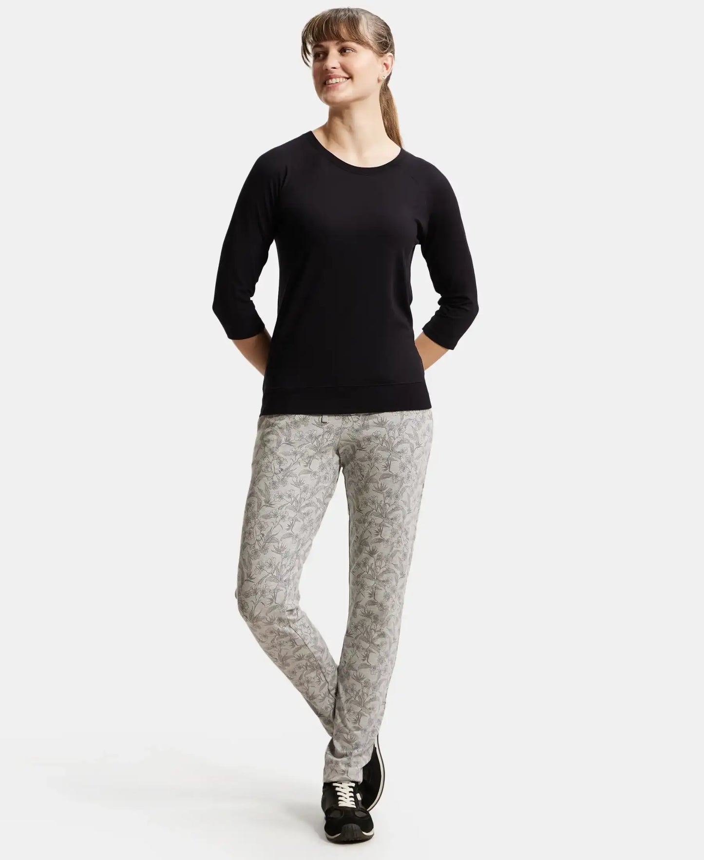 Super Combed Cotton Elastane Stretch Slim Fit Trackpants With Side Pockets - Lt Grey Melange Printed