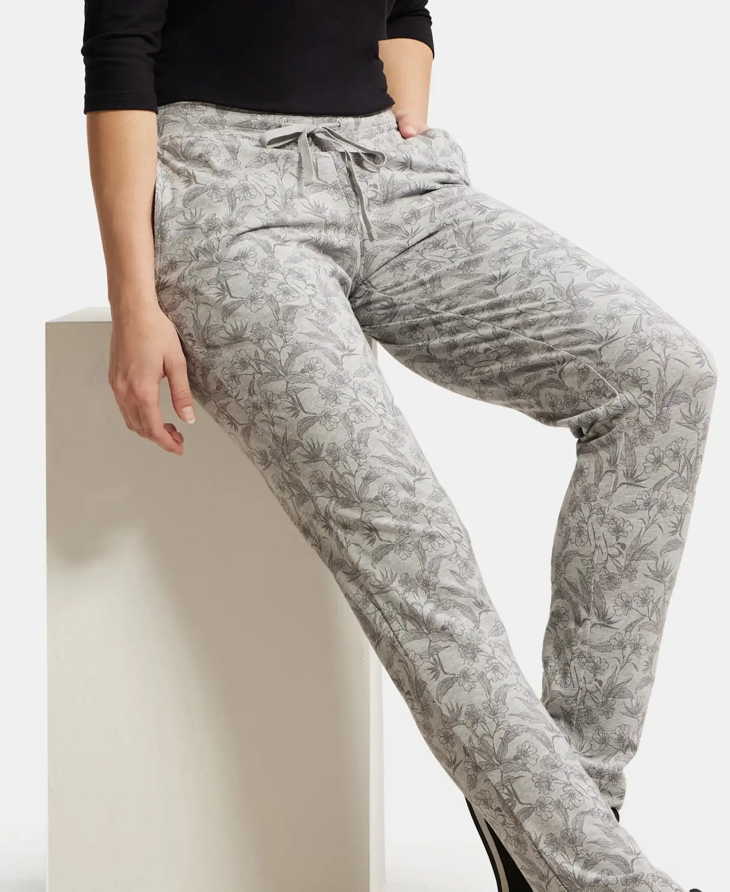 Super Combed Cotton Elastane Stretch Slim Fit Trackpants With Side Pockets - Lt Grey Melange Printed