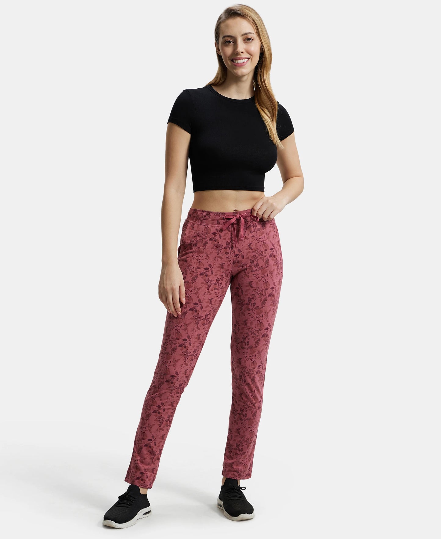 Super Combed Cotton Elastane Stretch Slim Fit Trackpants With Side Pockets - Rosewine Print