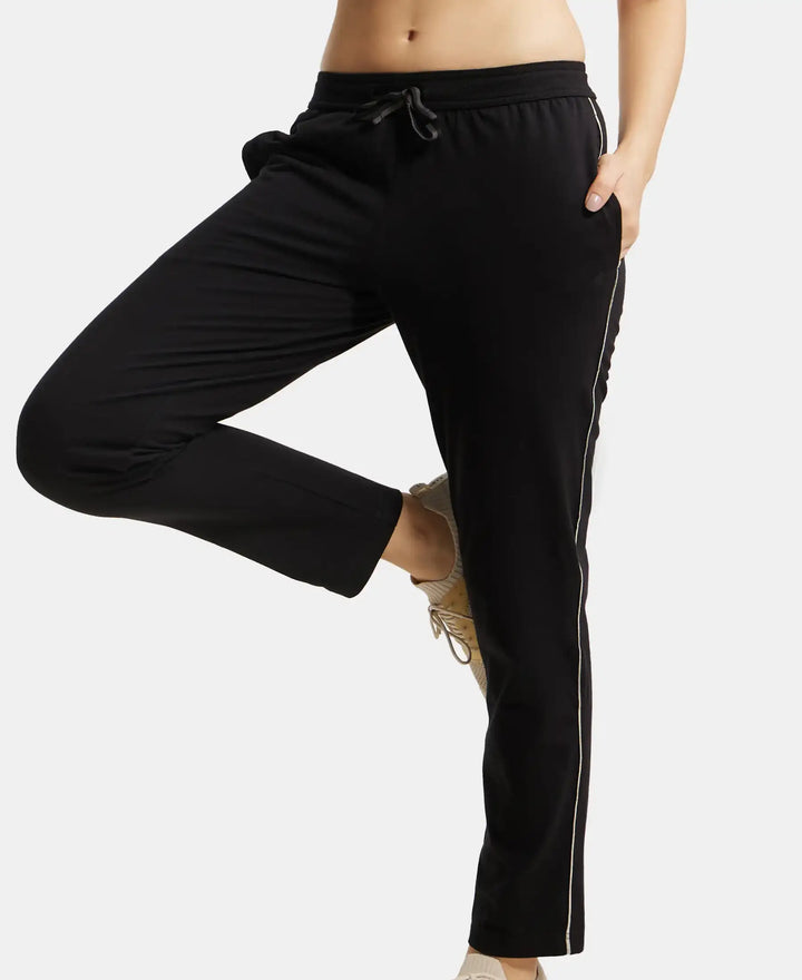 Super Combed Cotton Rich Relaxed Fit Trackpants With Contrast Side Piping and Pockets - Black