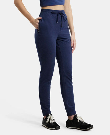 Super Combed Cotton Elastane French Terry Relaxed Fit Joggers With Zipper Pockets - Ink Blue Melange