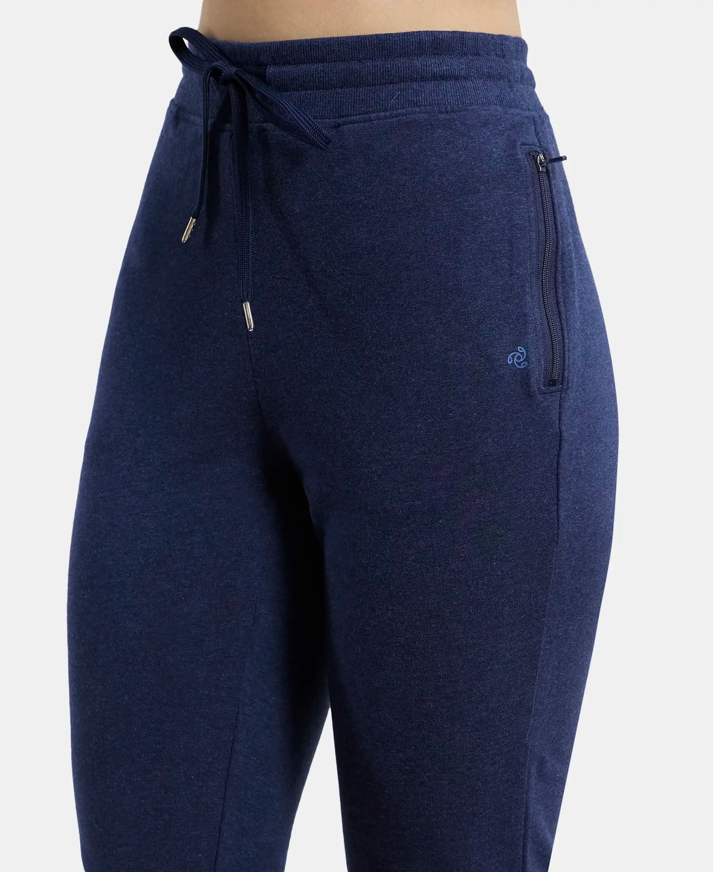 Super Combed Cotton Elastane French Terry Slim Fit Joggers With Zipper Pockets - Ink Blue Melange