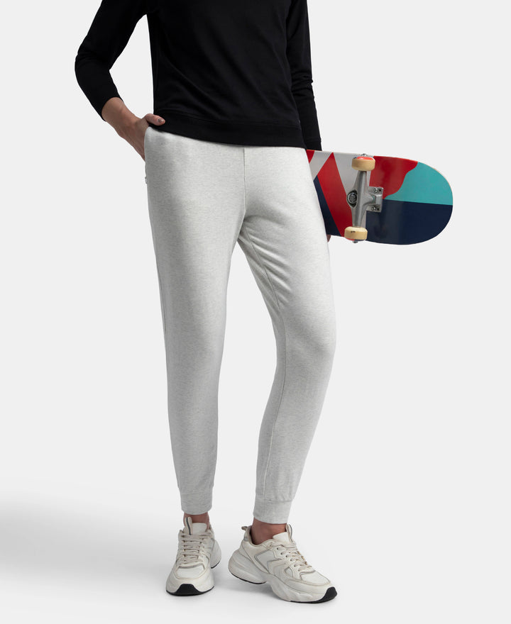 Super Combed Cotton Elastane French Terry Relaxed Fit Joggers With Zipper Pockets - Off White Melange