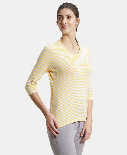Super Combed Cotton Elastane Stretch Slim Fit Striped Round Neck Three Quarter Sleeve T-Shirt - Assorted