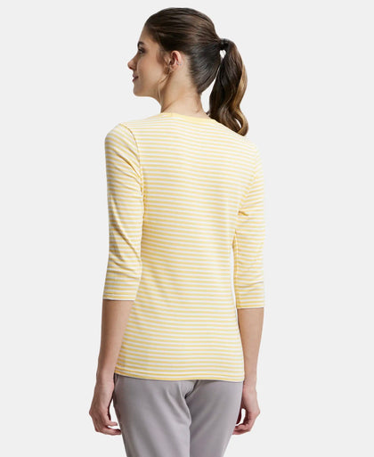 Super Combed Cotton Elastane Stretch Slim Fit Striped Round Neck Three Quarter Sleeve T-Shirt - Assorted