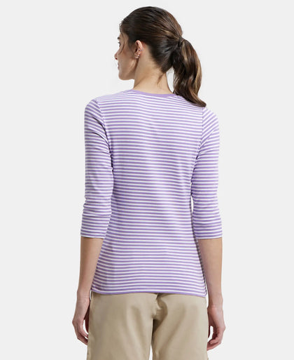 Super Combed Cotton Elastane Stretch Slim Fit Striped Round Neck Three Quarter Sleeve T-Shirt - Assorted