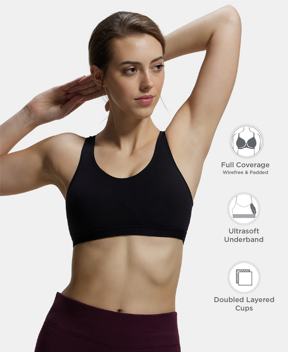 Wirefree Non Padded Super Combed Cotton Elastane Stretch Full Coverage Slip-On Active Bra with Wider Straps and Moisture Move Treatment - Black