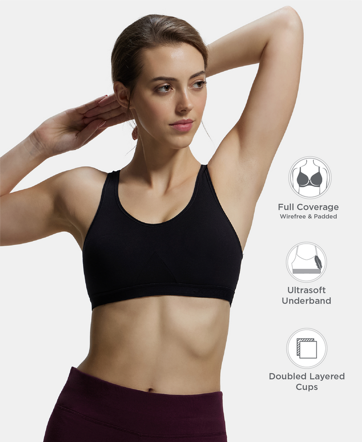 Wirefree Non Padded Super Combed Cotton Elastane Stretch Full Coverage Slip-On Active Bra with Wider Straps and Moisture Move Treatment - Black