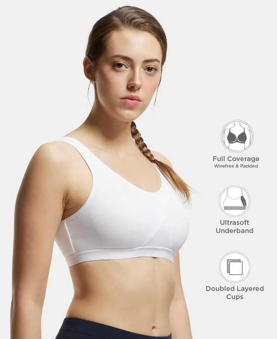 Wirefree Non Padded Super Combed Cotton Elastane Stretch Full Coverage Slip-On Active Bra with Wider Straps and Moisture Move Treatment - White
