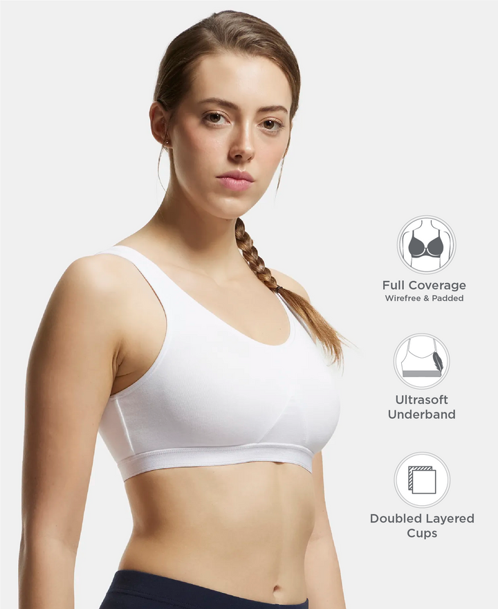 Wirefree Non Padded Super Combed Cotton Elastane Stretch Full Coverage Slip-On Active Bra with Wider Straps and Moisture Move Treatment - White