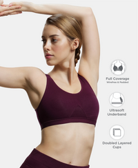 Wirefree Non Padded Super Combed Cotton Elastane Stretch Full Coverage Slip-On Active Bra with Wider Straps and Moisture Move Treatment - Wine Tasting