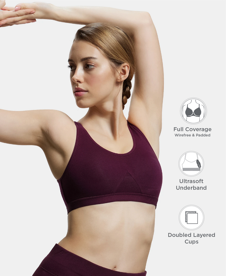 Wirefree Non Padded Super Combed Cotton Elastane Stretch Full Coverage Slip-On Active Bra with Wider Straps and Moisture Move Treatment - Wine Tasting