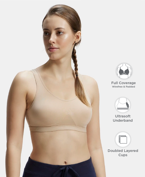 Wirefree Non Padded Super Combed Cotton Elastane Stretch Full Coverage Slip-On Active Bra with Wider Straps and Moisture Move Treatment - Light Skin
