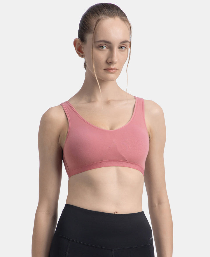 Wirefree Non Padded Super Combed Cotton Elastane Stretch Full Coverage Slip-On Active Bra with Wider Straps and Moisture Move Treatment - Heather Rose