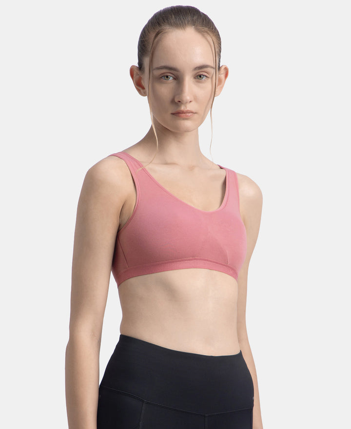Wirefree Non Padded Super Combed Cotton Elastane Stretch Full Coverage Slip-On Active Bra with Wider Straps and Moisture Move Treatment - Heather Rose