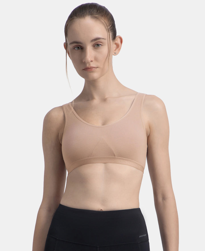 Wirefree Non Padded Super Combed Cotton Elastane Stretch Full Coverage Slip-On Active Bra with Wider Straps and Moisture Move Treatment - Mocha