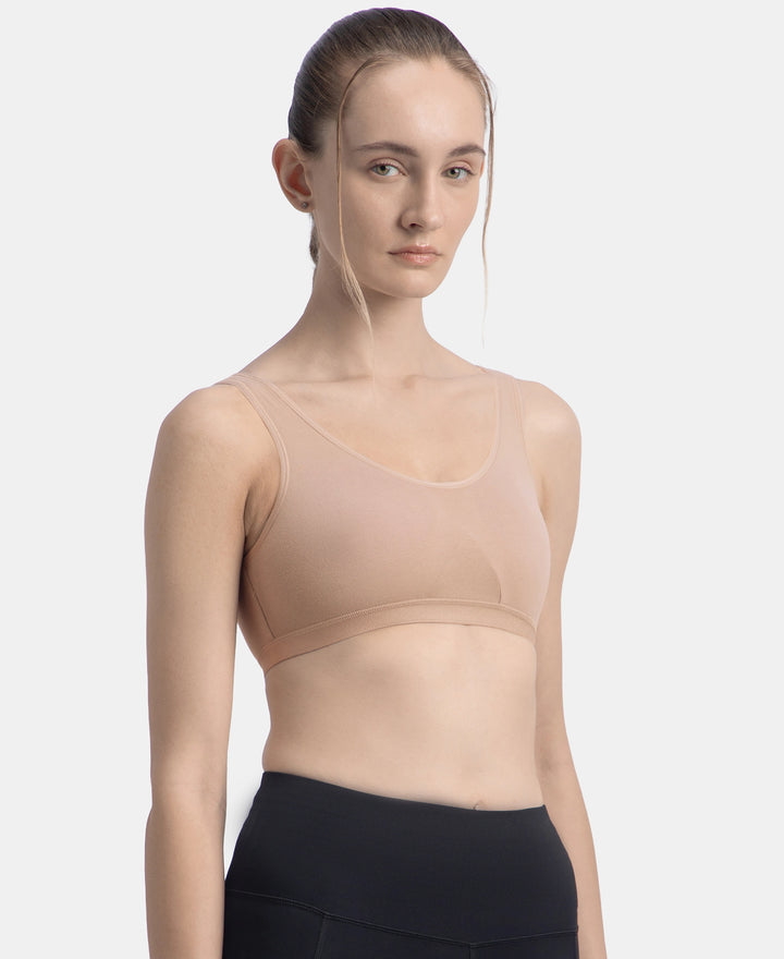 Wirefree Non Padded Super Combed Cotton Elastane Stretch Full Coverage Slip-On Active Bra with Wider Straps and Moisture Move Treatment - Mocha