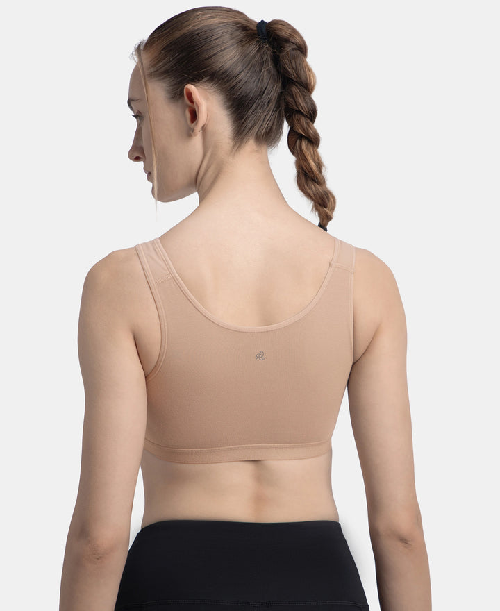 Wirefree Non Padded Super Combed Cotton Elastane Stretch Full Coverage Slip-On Active Bra with Wider Straps and Moisture Move Treatment - Mocha