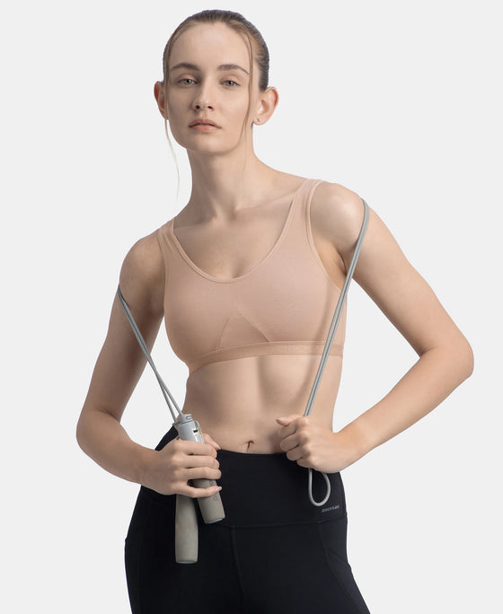 Wirefree Non Padded Super Combed Cotton Elastane Stretch Full Coverage Slip-On Active Bra with Wider Straps and Moisture Move Treatment - Mocha