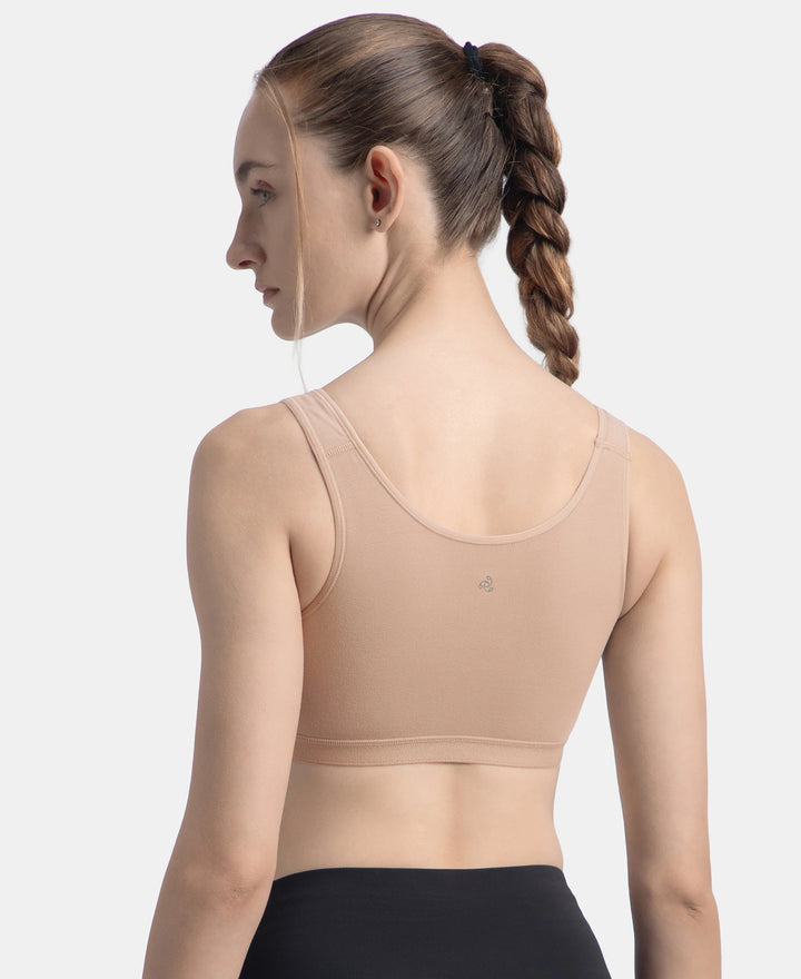 Wirefree Non Padded Super Combed Cotton Elastane Stretch Full Coverage Slip-On Active Bra with Wider Straps and Moisture Move Treatment - Mocha