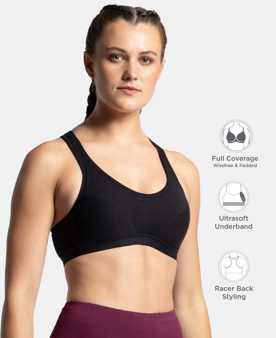 Wirefree Padded Super Combed Cotton Elastane Stretch Full Coverage Racerback Active Bra with StayFresh and Moisture Move Treatment - Black