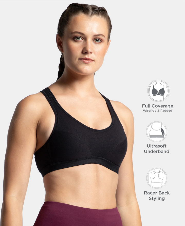 Wirefree Padded Super Combed Cotton Elastane Stretch Full Coverage Racerback Active Bra with StayFresh and Moisture Move Treatment - Black