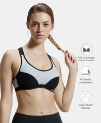 Wirefree Padded Super Combed Cotton Elastane Stretch Full Coverage Racerback Active Bra with StayFresh and Moisture Move Treatment - Steel Grey & Black
