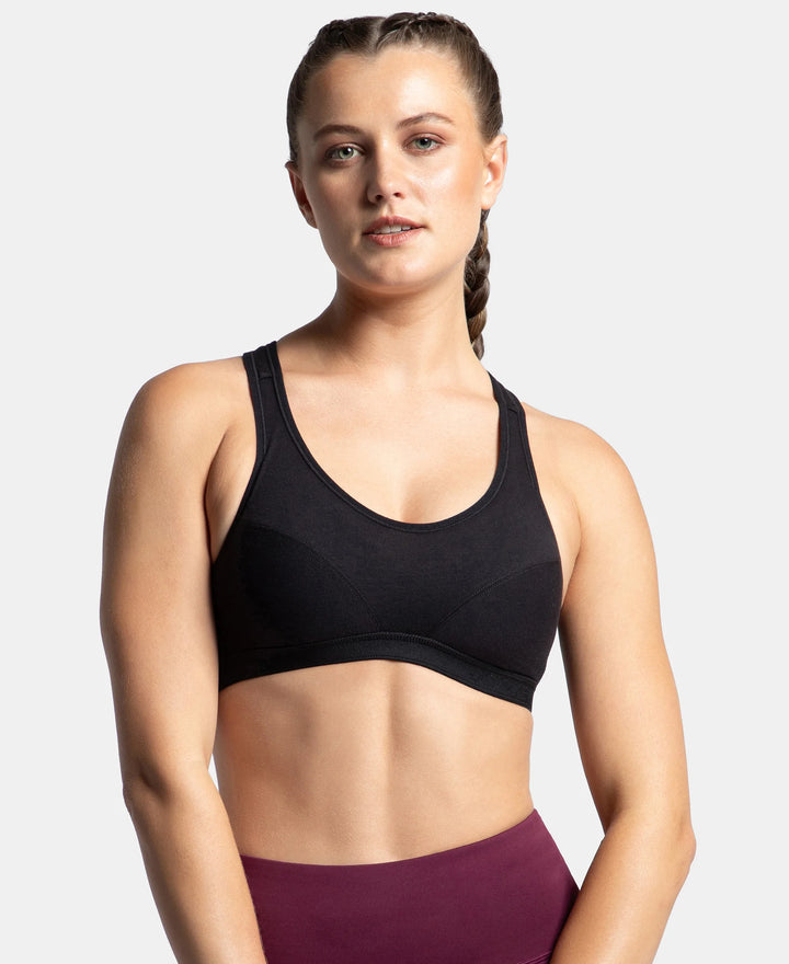 Wirefree Padded Super Combed Cotton Elastane Stretch Full Coverage Racerback Active Bra with StayFresh and Moisture Move Treatment - Black