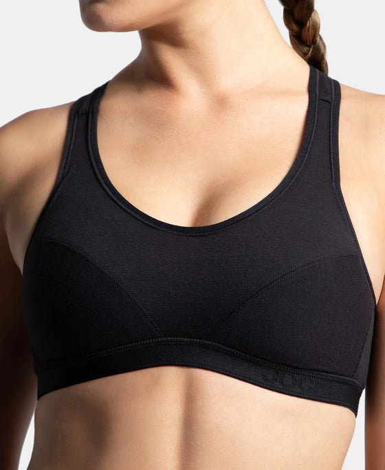Wirefree Padded Super Combed Cotton Elastane Stretch Full Coverage Racerback Active Bra with StayFresh and Moisture Move Treatment - Black