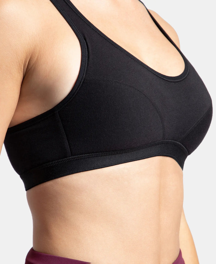 Wirefree Padded Super Combed Cotton Elastane Stretch Full Coverage Racerback Active Bra with StayFresh and Moisture Move Treatment - Black