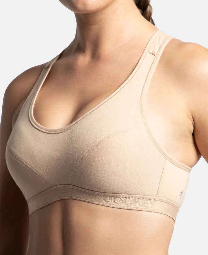 Wirefree Padded Super Combed Cotton Elastane Stretch Full Coverage Racerback Active Bra with StayFresh and Moisture Move Treatment - Skin