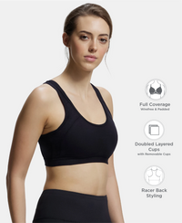 Wirefree Padded Super Combed Cotton Elastane Stretch Full Coverage Racerback Styling Active Bra with StayFresh and Moisture Move Treatment - Black
