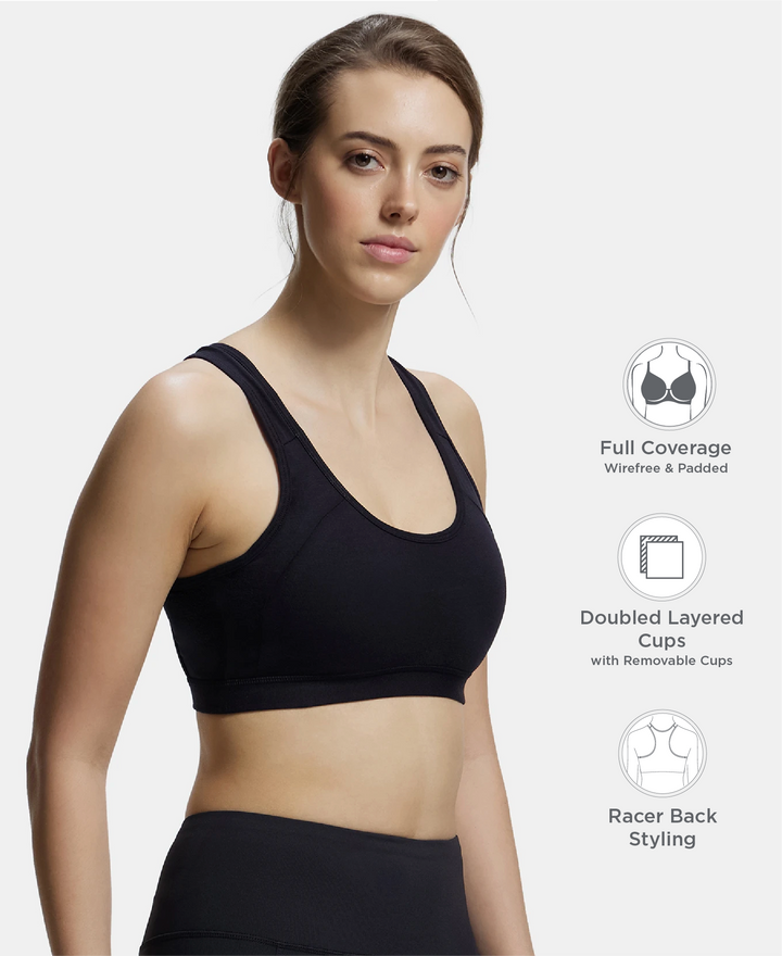 Wirefree Padded Super Combed Cotton Elastane Stretch Full Coverage Racerback Styling Active Bra with StayFresh and Moisture Move Treatment - Black