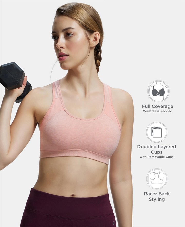 Wirefree Padded Super Combed Cotton Elastane Stretch Full Coverage Racerback Styling Active Bra with StayFresh and Moisture Move Treatment - Desert Flower Melange & Coral