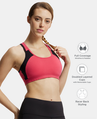 Wirefree Padded Super Combed Cotton Elastane Stretch Full Coverage Racerback Styling Active Bra with StayFresh and Moisture Move Treatment - Ruby & Black