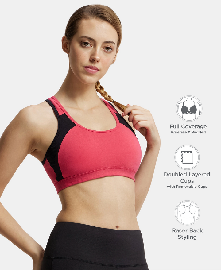 Wirefree Padded Super Combed Cotton Elastane Stretch Full Coverage Racerback Styling Active Bra with StayFresh and Moisture Move Treatment - Ruby & Black