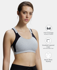 Wirefree Padded Super Combed Cotton Elastane Stretch Full Coverage Racerback Styling Active Bra with StayFresh and Moisture Move Treatment - Steel Grey & Black