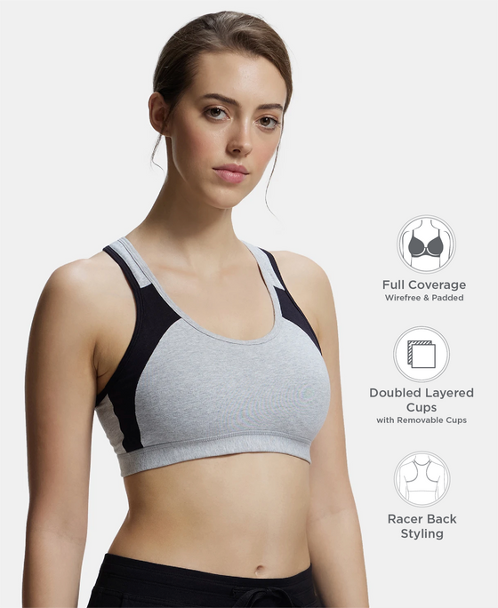 Wirefree Padded Super Combed Cotton Elastane Stretch Full Coverage Racerback Styling Active Bra with StayFresh and Moisture Move Treatment - Steel Grey & Black